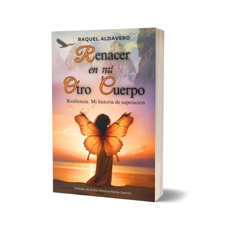 Libro "Renacer en tu Otro Cuerpo" con una portada que muestra mariposas y un horizonte al atardecer.