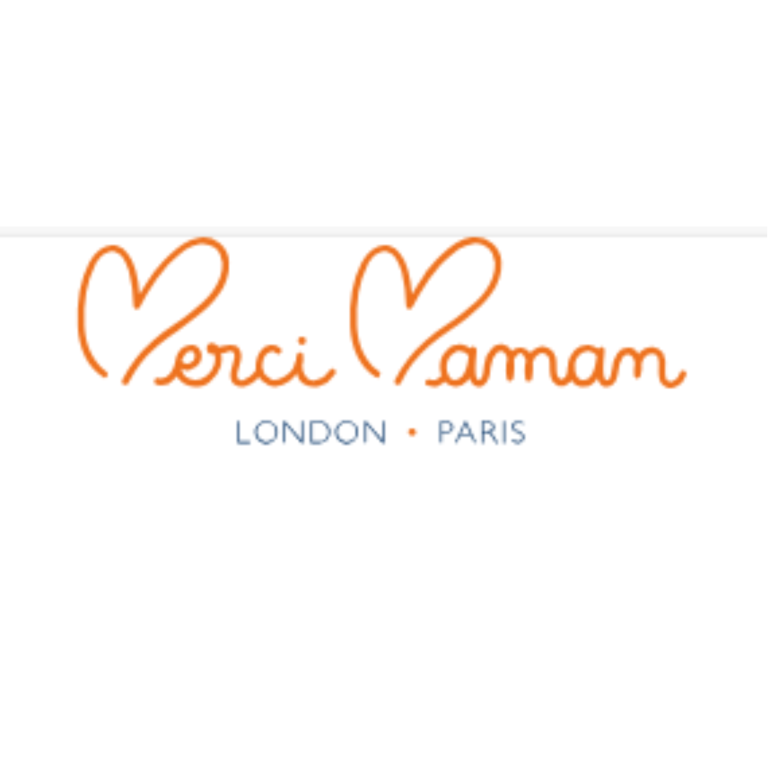 Logotipo de Merci Maman con textos en naranja y azul, indicando Londres y París.