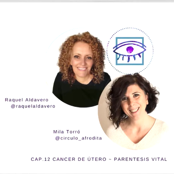 Dos mujeres sonrientes, con texto sobre el cáncer de útero y sus redes sociales.