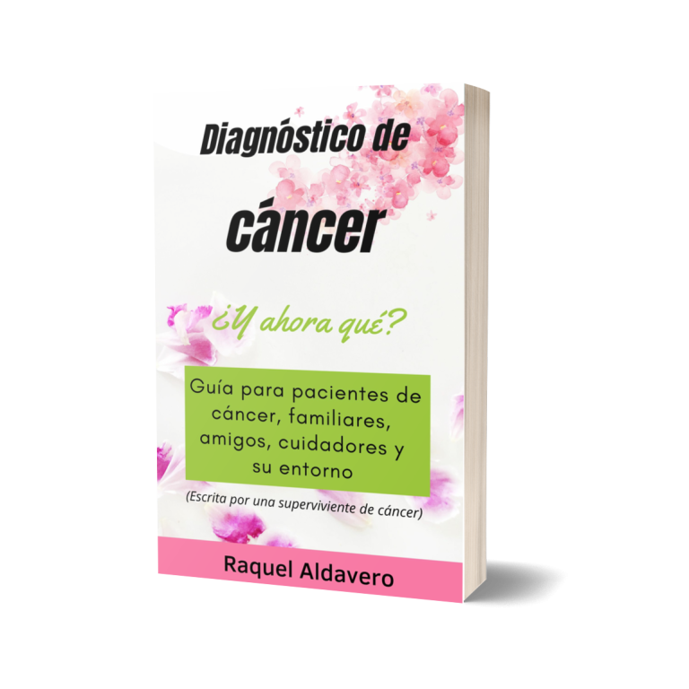 Guía gratuita para pacientes de cancer y familiares titulado "Diagnóstico de cáncer: ¿Y ahora qué?" con fondo floral.