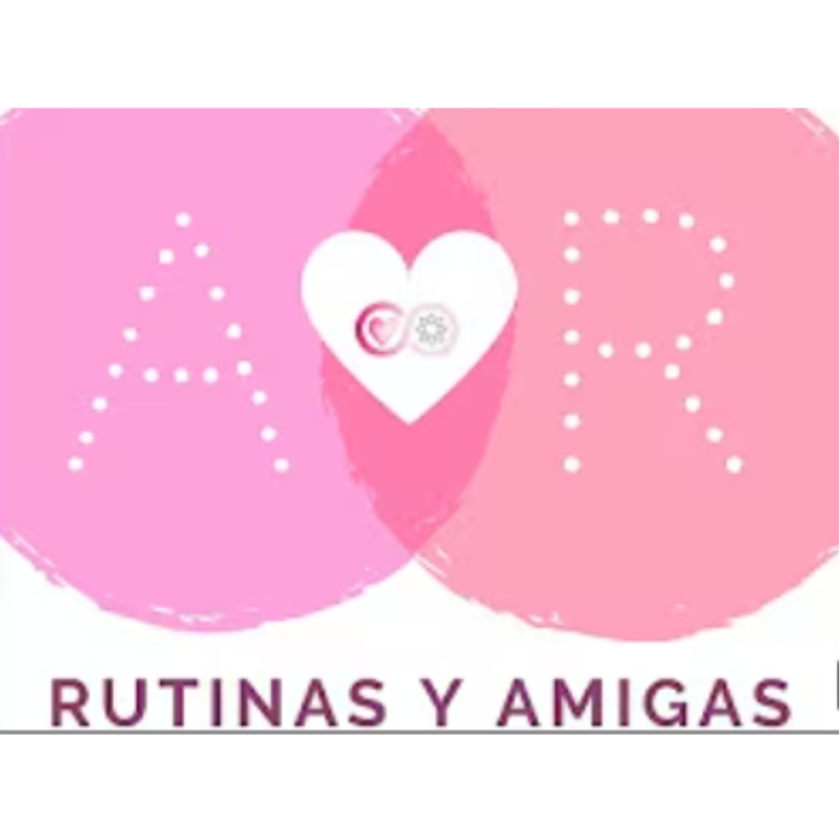 Logo con letras "A" y "R" en rosa, con un corazón y el texto "Rutinas y Amigas".
